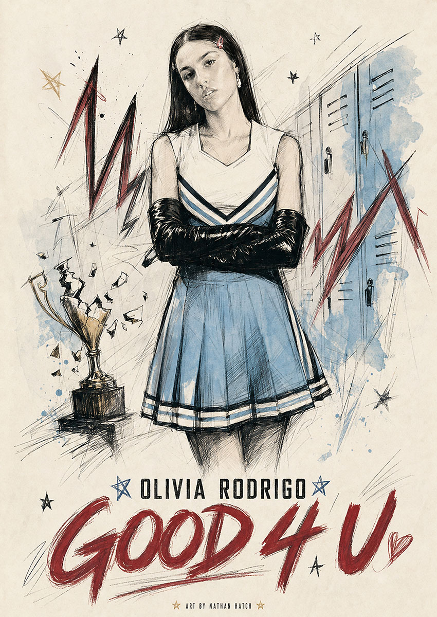 Detailed sketch artwork of Olivia Rodrigo in a cheerleader outfit, inspired by the Good 4 U music video aesthetic